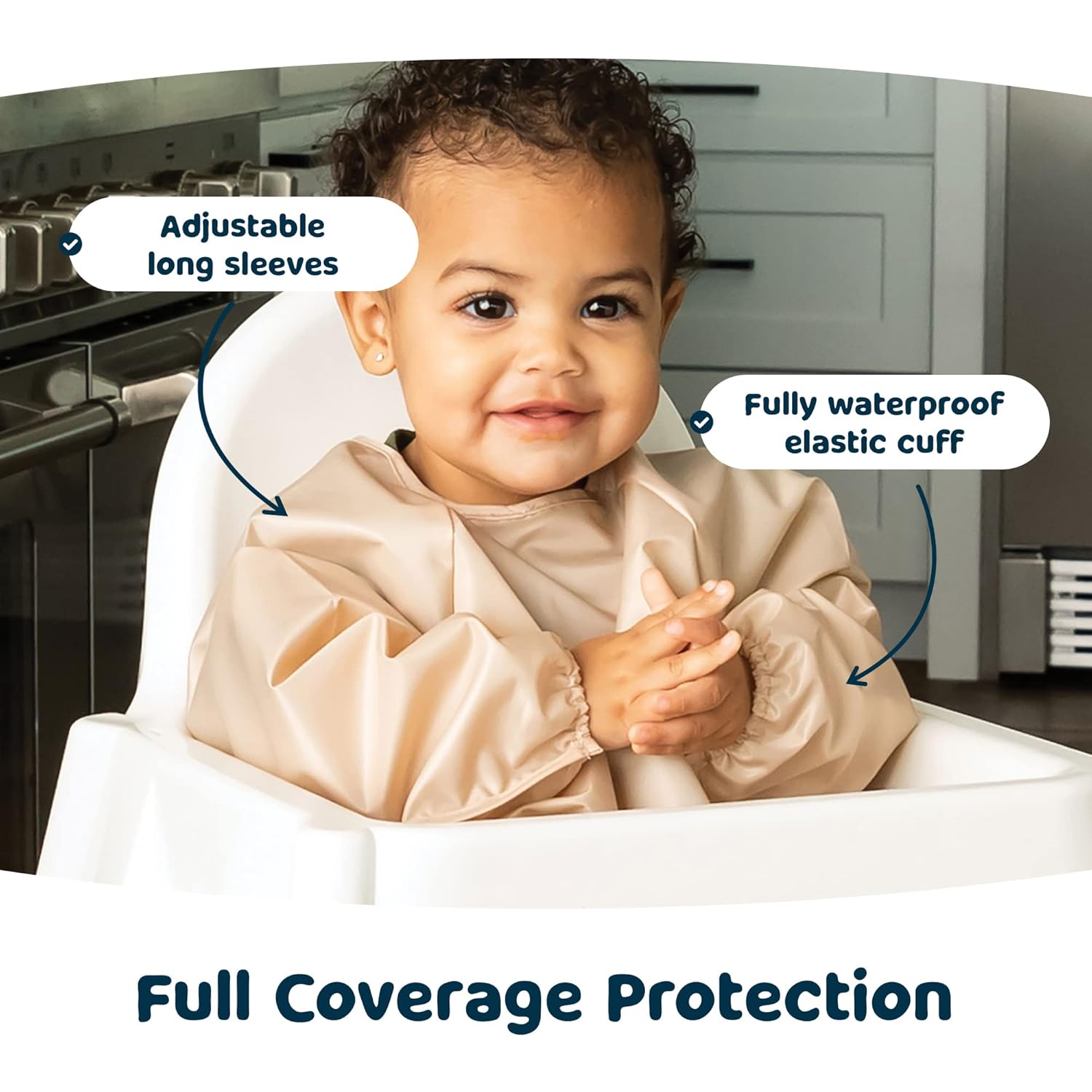 Tiny Twinkle Mess Proof Baby Bibs, 2pk Waterproof Smock Baby Bibs for Eating, Machine Washable Long Sleeve Bibs, Baby Led Weaning, Toddler Bibs, BLW Supplies (Sand Cinnamon, Large 2-4 Years)