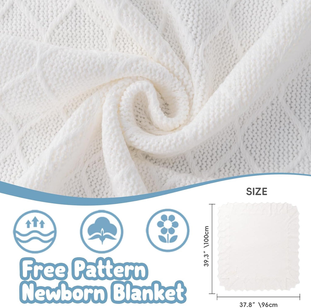 Booulfi Knit White Baby Blankets Neutral,Crib Stroller Newborn Blankets for Boys Girls,Cotton Lace Crochet Winter Blanket Nursery Blanket New Baby Essentials, 38X39