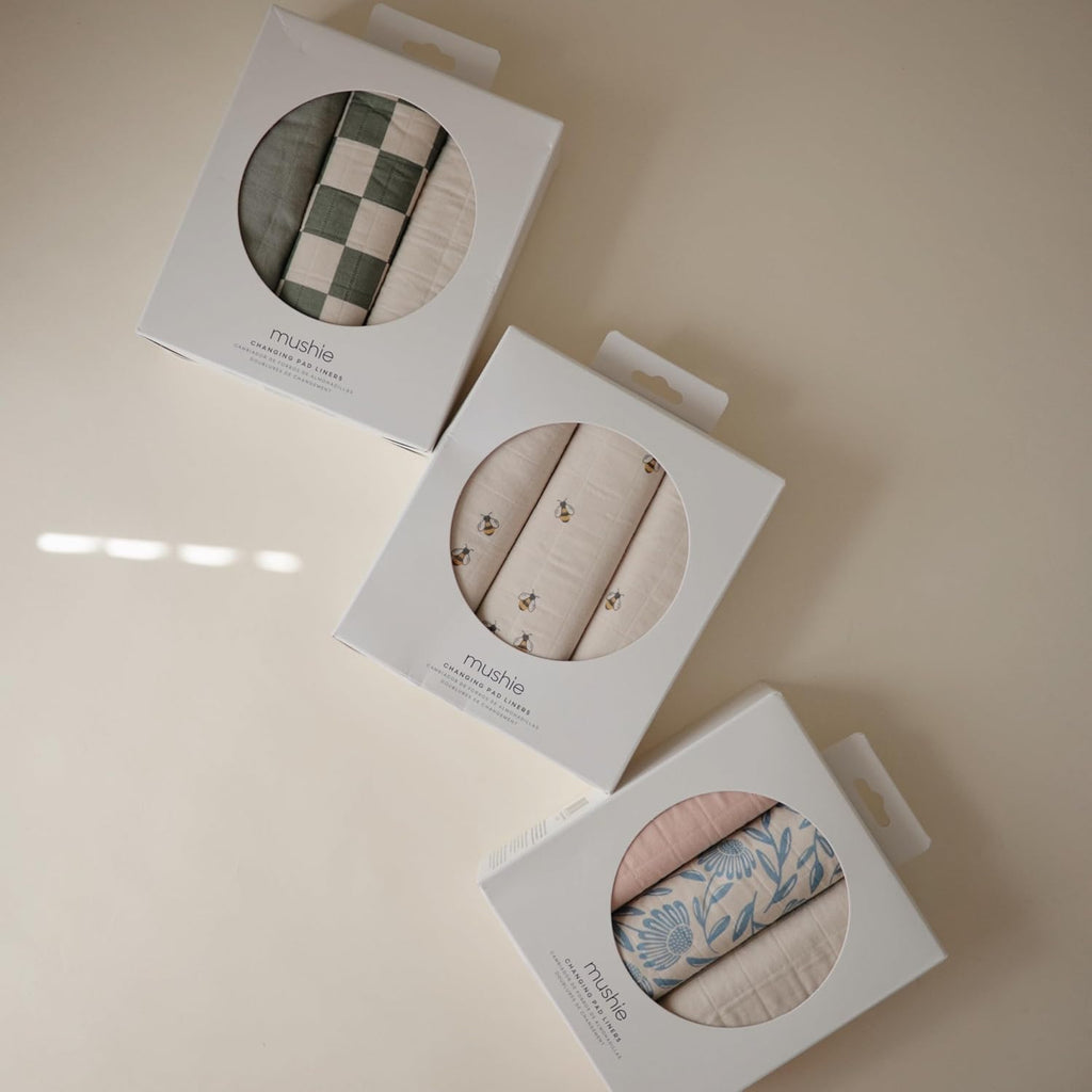 mushie Waterproof Changing Pad Liners | 100% Organic Cotton | Set of 3 (Olive Check Combo)