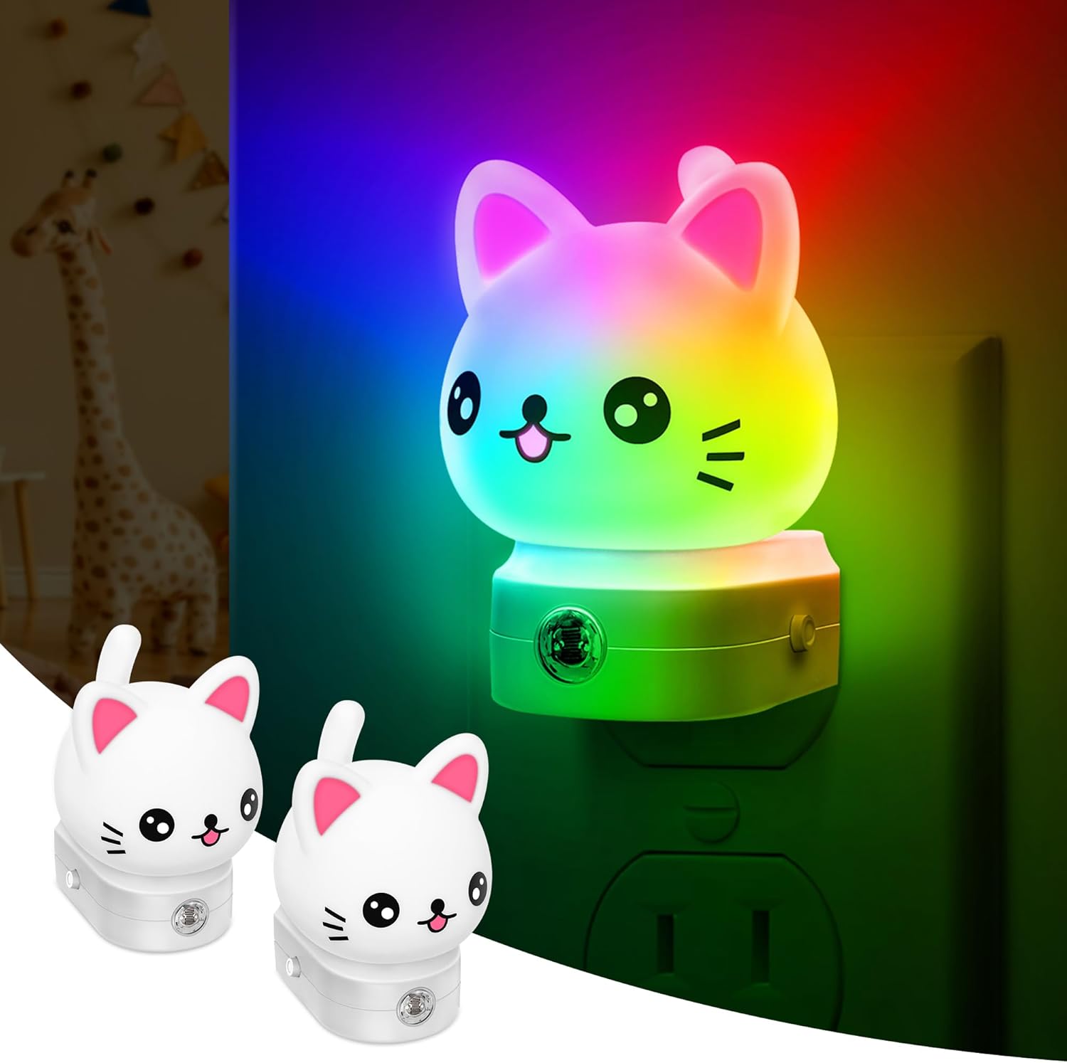 Cat Night Lights Plug Into Wall [2 Pack], Cute Night Light for Kids, 8-Color RGB LED Night Light, Nightlight with Dusk to Dawn Sensor for Kids Room, Bathroom, Bedroom Décor, Children Gift
