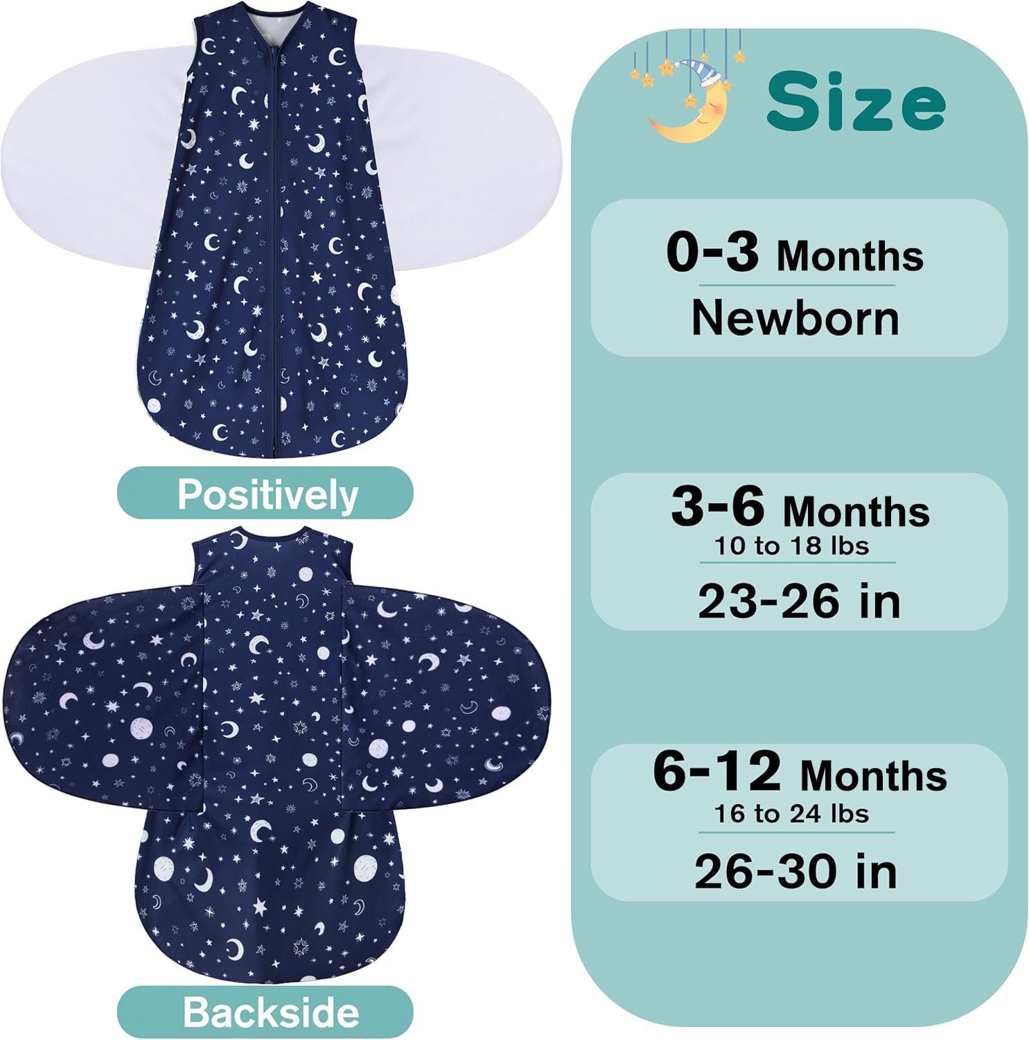 Newborn Sleep Sack Baby Swaddle,Swaddle me 6-12 Month,3-Way Adjustable Wearable Blanket,100% Rayon Cotton Swaddling Sleeping Bag，TOG 0.5 (Starry Sky, 6-12 Months)