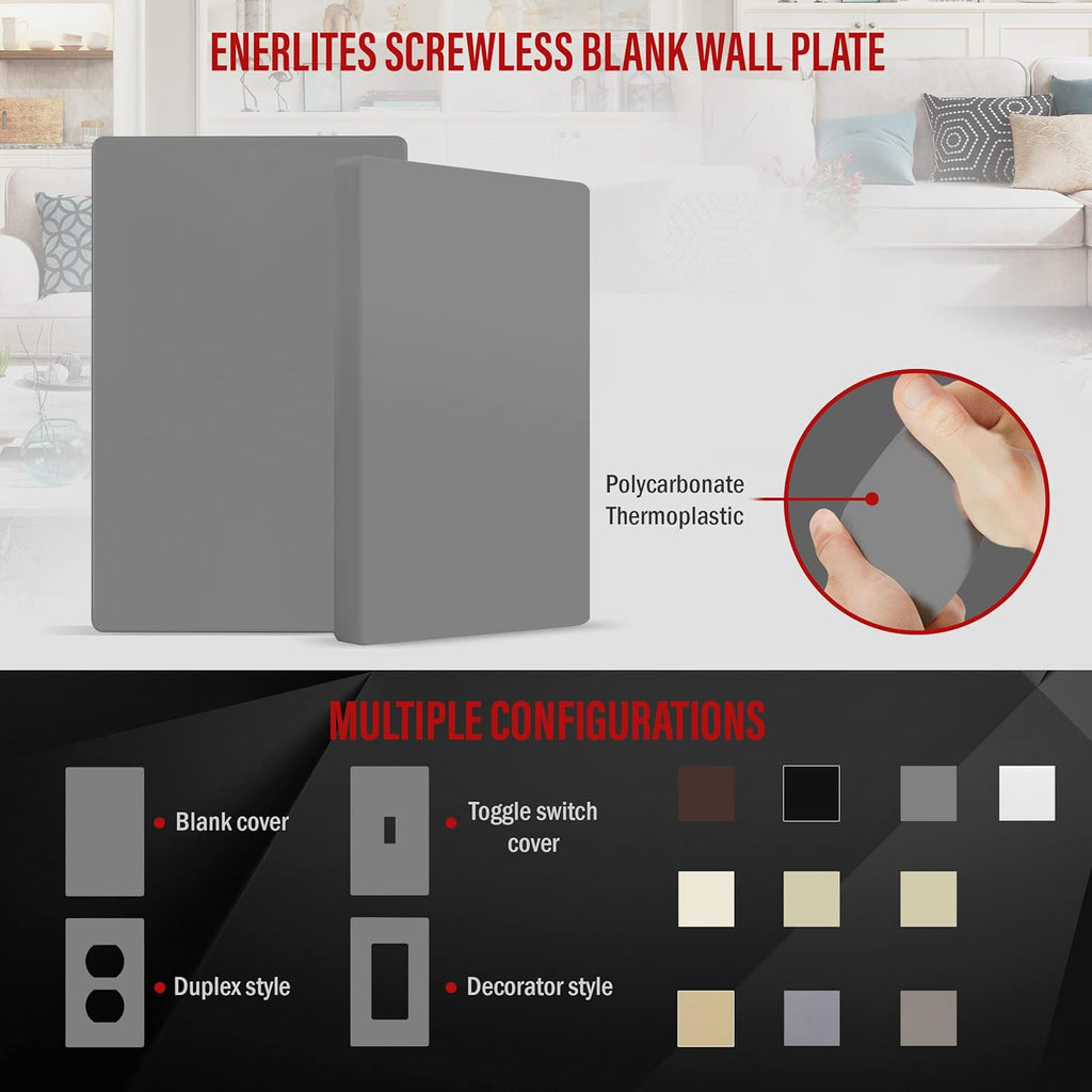 ENERLITES Screwless Blank Wall Plate, Child Safe Blank Device Outlet Cover, Standard Size, 1-Gang 4.68" x 2.93", Polycarbonate Thermoplastic, UL Listed, SI8801-GY, Glossy, Gray
