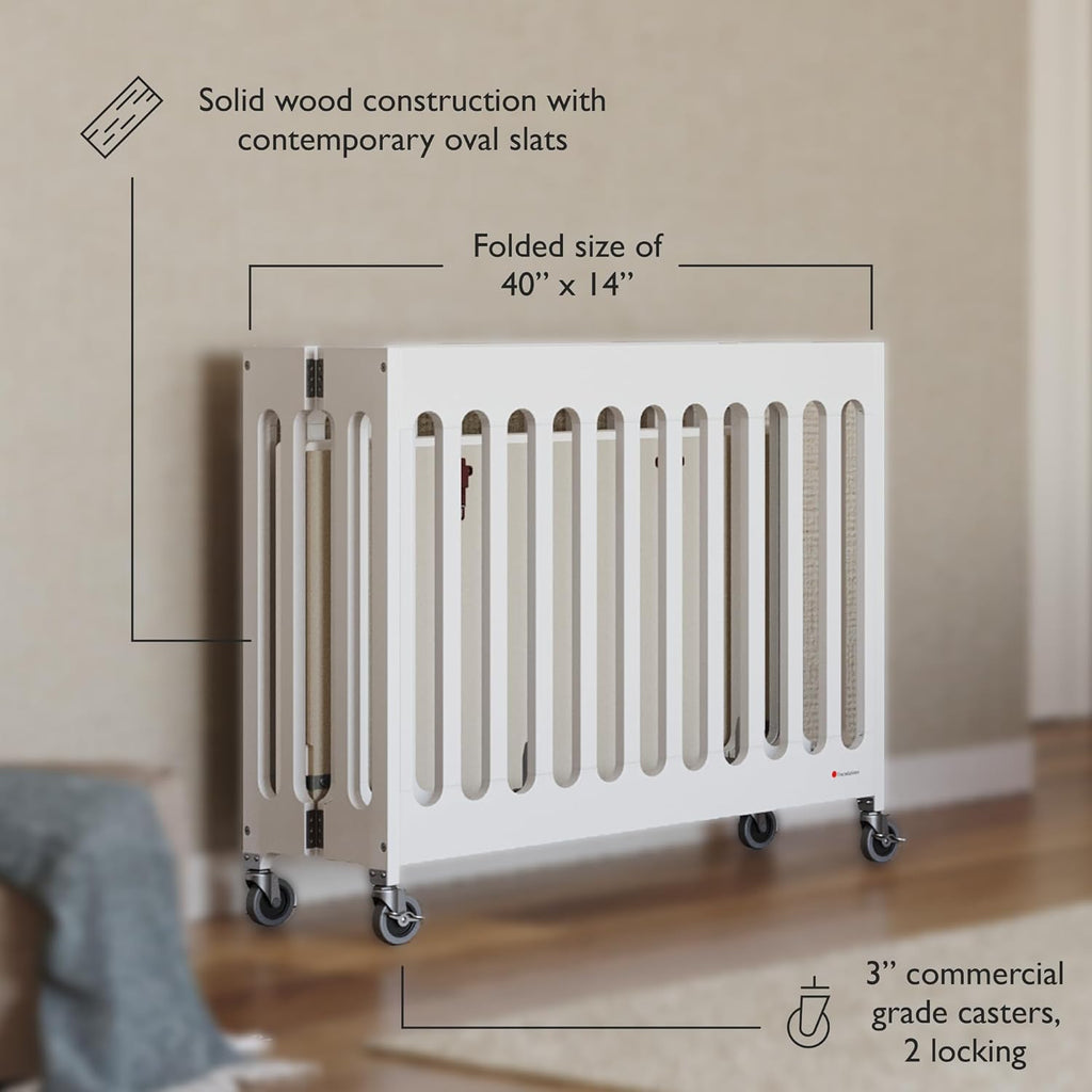 Foundations Boutique Folding Mini Baby Crib - Compact, Portable, Wooden Hotel Crib, Foldable Compact Cribs for Baby & Toddlers - Includes 3" Foam Mattress - White