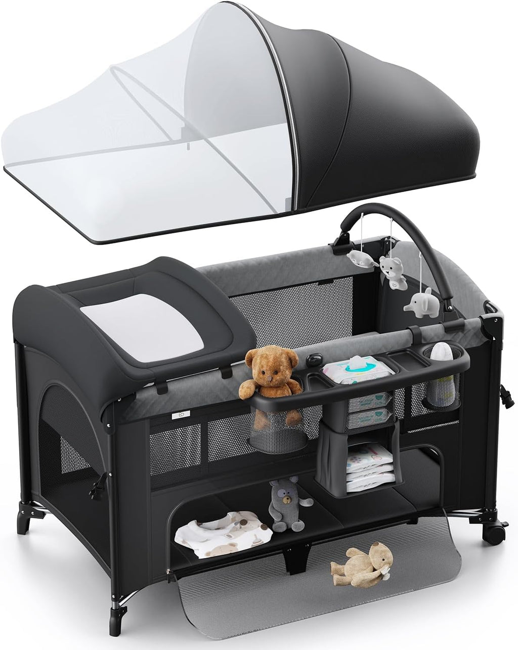 4 in 1 Baby Bassinet, Pack and Play, Bedside Crib Sleeper, Diaper Changer - Comes with Mattress, Mosquito Net，Bottom Storage and Toy Bar for Newborn to Toddles