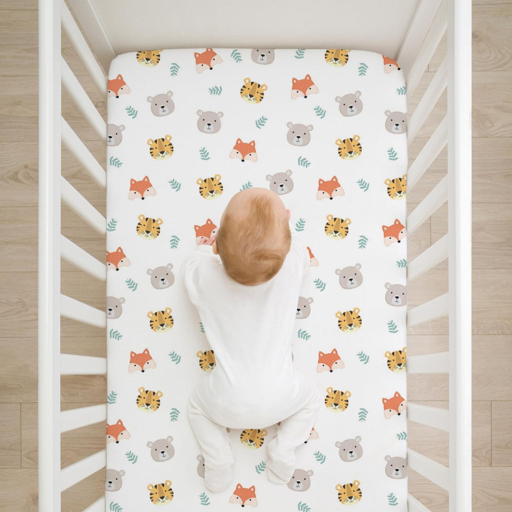 Organic All in One Crib Sheet and Mattress Protector - Waterproof Protectors - Reusable Washable – Fits Cribs – 52”x28”- with 9” Skirt Tiger Bear Fox