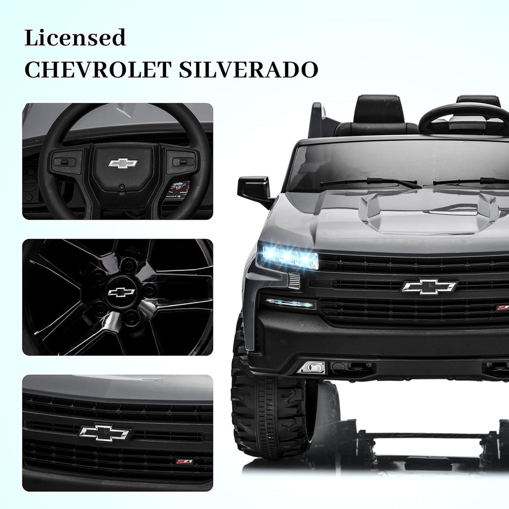 Hetoy 24V 2-Seater Truck Licensed Chevrolet Silverado Ride On Car Toy w/Parent Remote Control,4xSpring Suspension, 3 Speeds, Wireless Music, MP3 Player, Electric Vehicle Car for Kids,Grey