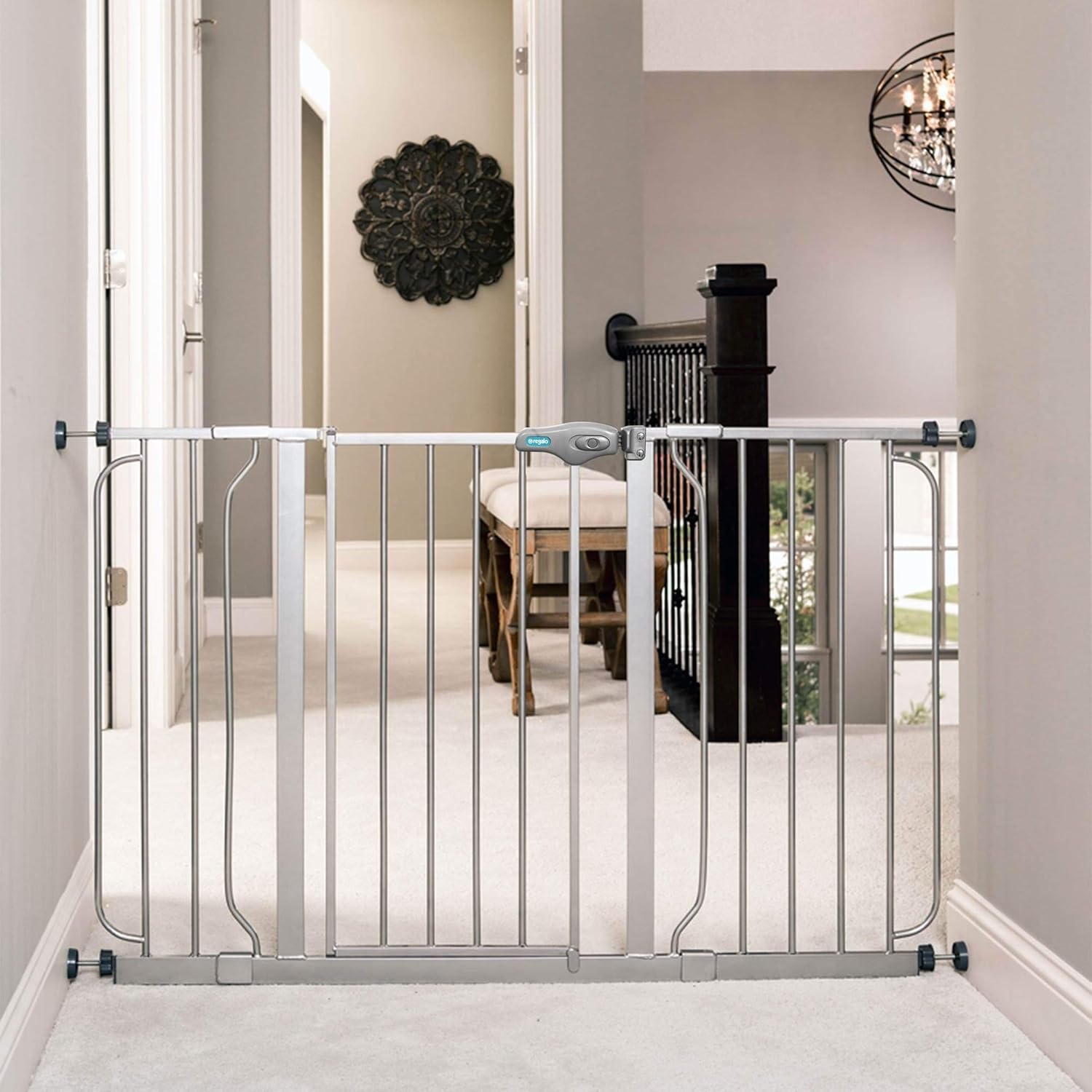 Regalo Easy Step 49-Inch Extra Wide Baby Gate, Includes 4-Inch and 12-Inch Extension Kit, 4 Pack of Pressure Mount Kit and 4 Pack of Wall Mount Kit, Platinum - Total Pack of 1