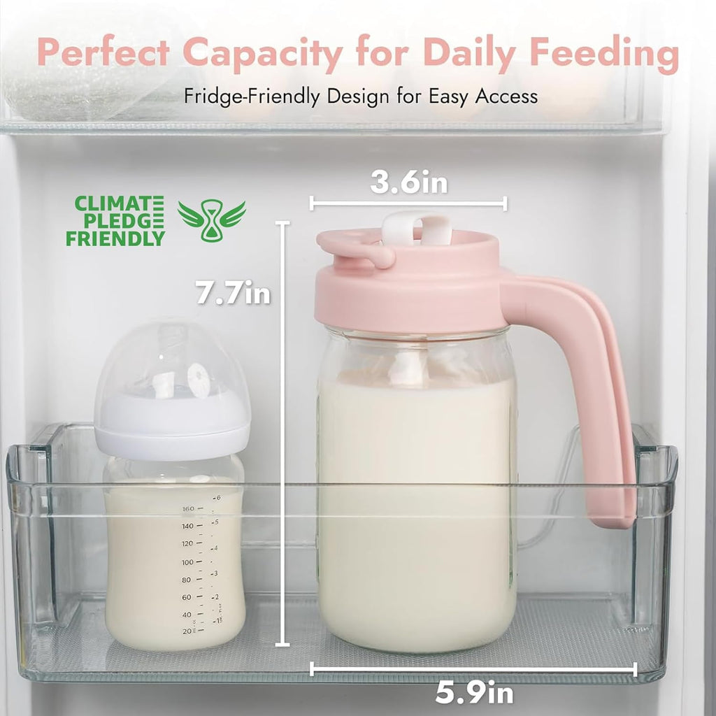 Papablic Glass Breastmilk Pitcher, Formula Mixing Pitcher with Mixing Handle Lid, Wide Mouth Mason Jar Mixer with Flip Locking Spout, Easy to Clean, BPA Free, Pink