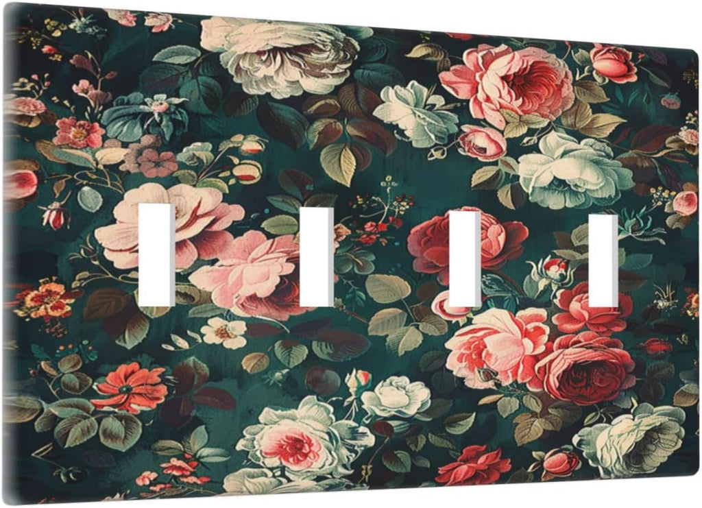 Light Switch Covers Baroque Vintage Peony Flower Floral Quad Toggle Electrical Faceplate 4 Gang Wall Plate Decorative Switch Plates for Bedroom Farmhouse Decor