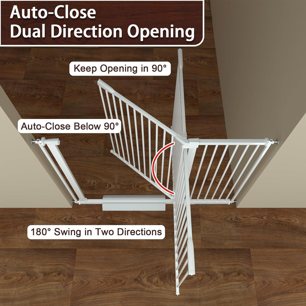 DEARBB Extra Wide Baby Gate Ultra Narrow Spacing 30.11-77.36" Pressure Mounted Double Lock Swing Auto Close Walk Through Metal Safety Pet Gate for Stairs and House Doorway Kitchen