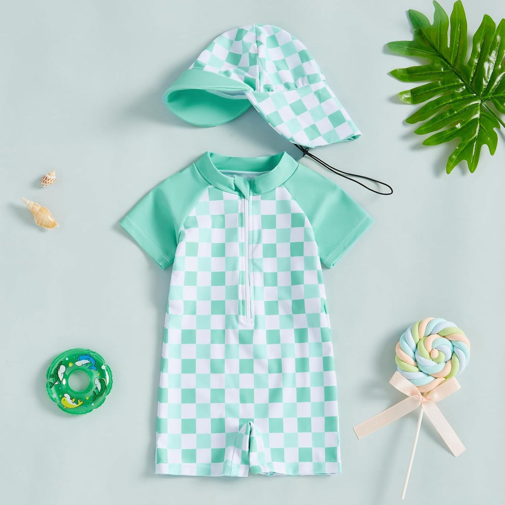 MAYUMMPY Baby Boys Girls Swimwear Casual Zipper One Pieces Rash Guard Swimsuit and Hat Beachwear Bathing Suit