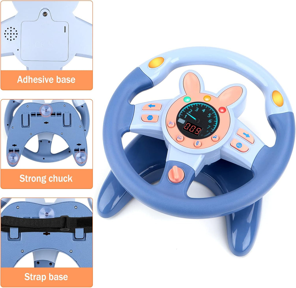 deAO Kids Steering Wheel for Backseat with Key Baby Toys Pretend Driving Simulated Steering Wheel Toy with Light and Music Gifts for Kids Toddlers Blue