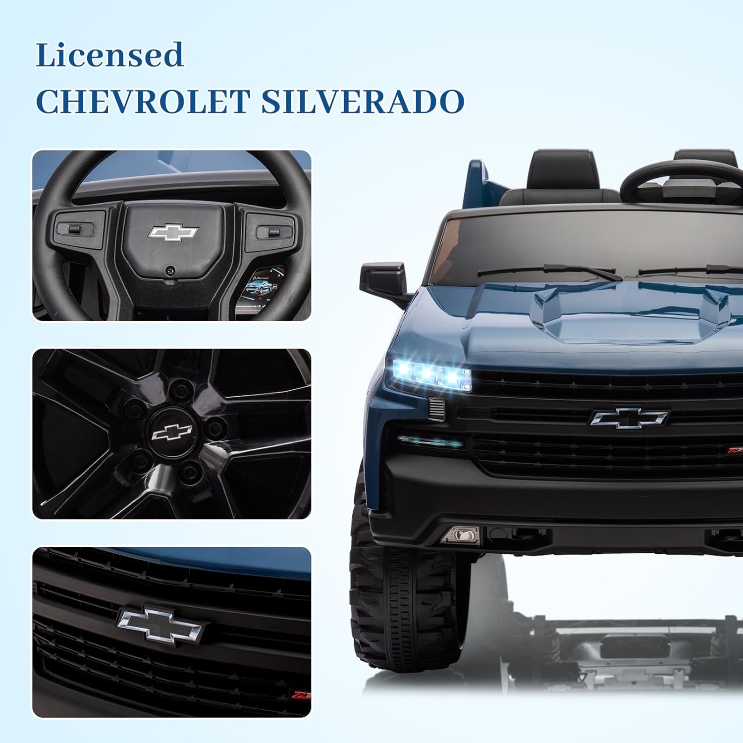 Hetoy 24V 2-Seater Truck Licensed Chevrolet Silverado Ride On Car Toy w/Parent Remote Control,4xSpring Suspension, 3 Speeds, Wireless Music, MP3 Player, Electric Vehicle Car for Kids, Blue
