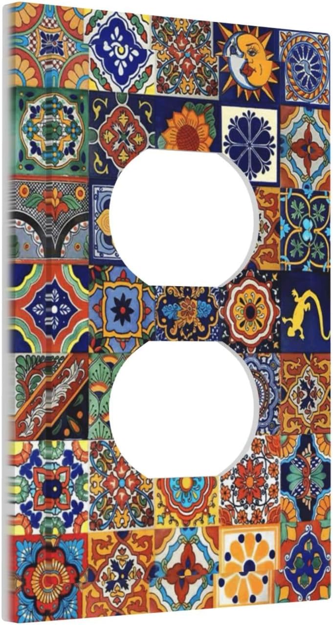 Talavera Mexican Tiles Traditional Color Decoration Print Outlet Covers 1 Gang Duplex Light Switch Cover Decorative Switch Plates Electrical Receptacle Faceplate Wall Plate for Kitchen Bathroom Decor