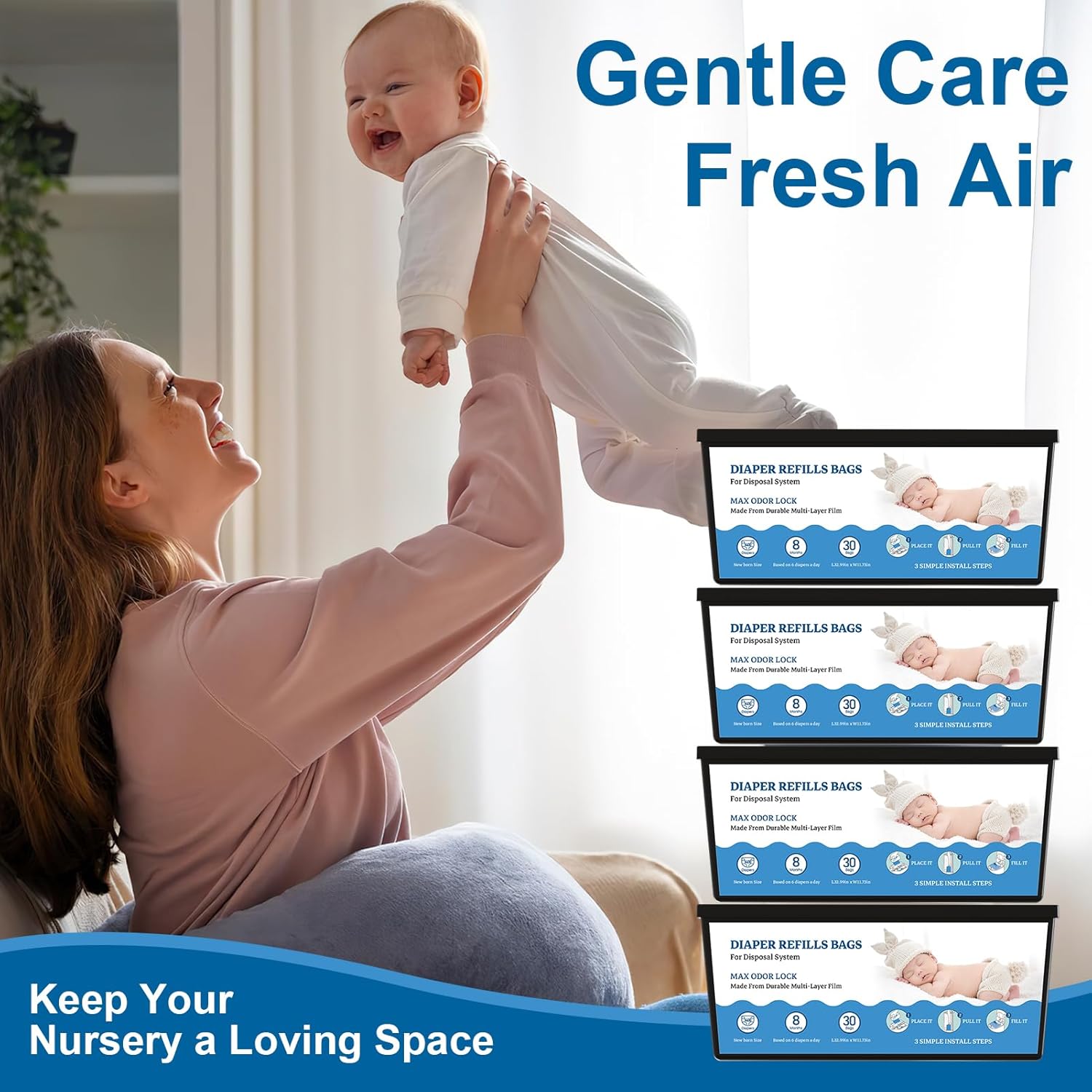 Diaper Refill Bags Compatible with Genie Easy Roll & Platinum Diaper Pails, 7-Layer Odor Control, Extra Thick, 4-pack (120 Bags), Holds up to 5600 Newborn Diapers