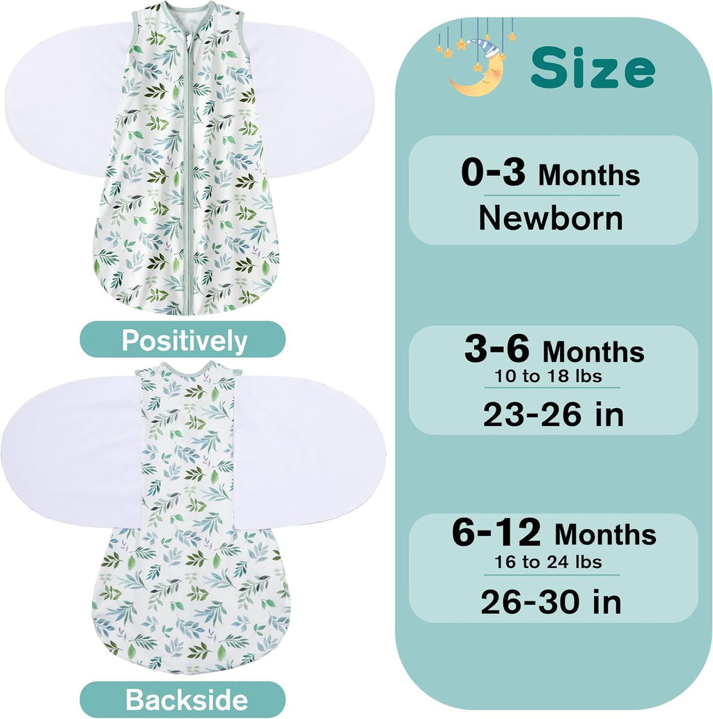 Newborn Sleep Sack Baby Swaddle,6-12 Months,3-Way Adjustable Wearable Blanket,100% Rayon Cotton Swaddling Sleeping Bag，TOG 0.5（Banana&Leaf）