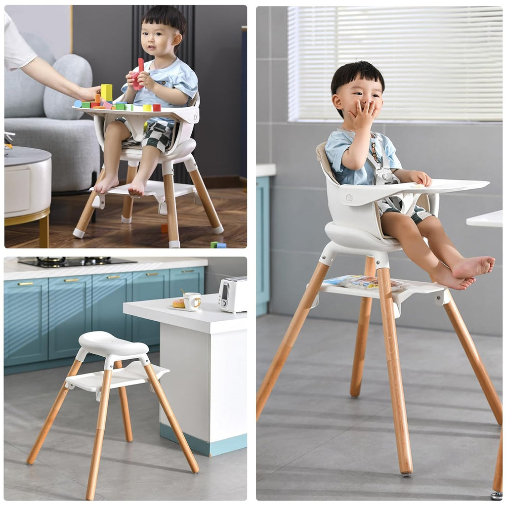 Baby High Chair, 6 in 1 Wooden Convertible High Chairs for Babies and Toddlers, Booster Seat with Double Tray & Reversible Footrest Baby Highchair, 5-Point Harness Baby Feeding Chair, Beige
