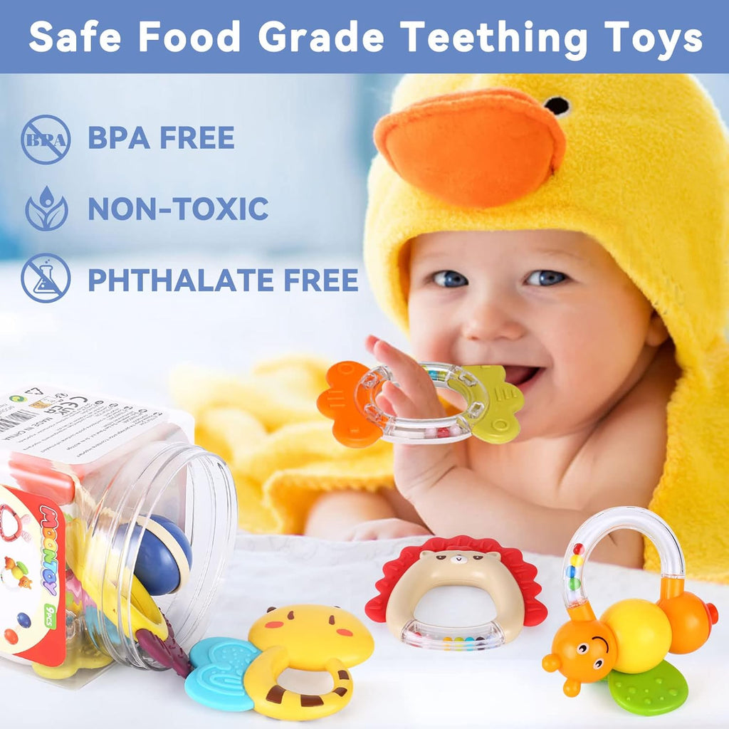 MOONTOY 9pcs Baby Rattles 3-6 Months, Infant Teething Toys 3-6 Months, Teethers Baby Toys 6-12 Months Sensory Toys for Babies 3 4 5 6 7 9 10 Month Boy Girl Gifts