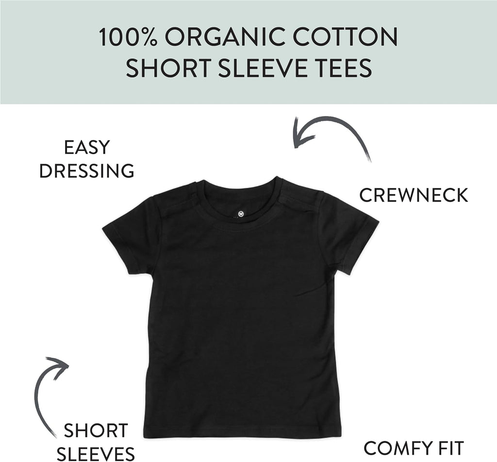 HonestBaby 5-Pack Short Sleeve T-Shirts 100% Organic Cotton Baby, Toddler, Little Kid, Boy, Girl, Unisex