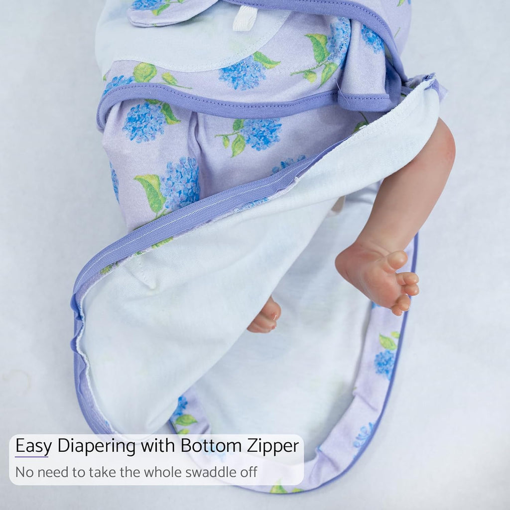 LollyBanks Baby Swaddles 100% Organic Cotton, 3-6 Months Baby Girl Swaddles with Easy Change Zipper, Swaddle Sack for Newborn Girls (Hydrangea Print)