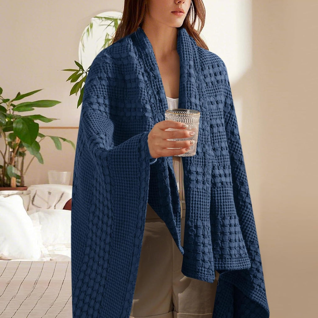 PHF 100% Cotton Waffle Weave Throw Blanket, Soft Lightweight Breathable Cozy Summer Throws for Couch Bed Sofa, Luxury Aesthetic Woven Blanket for Home Decor & Office, 50"x60", Bright Navy