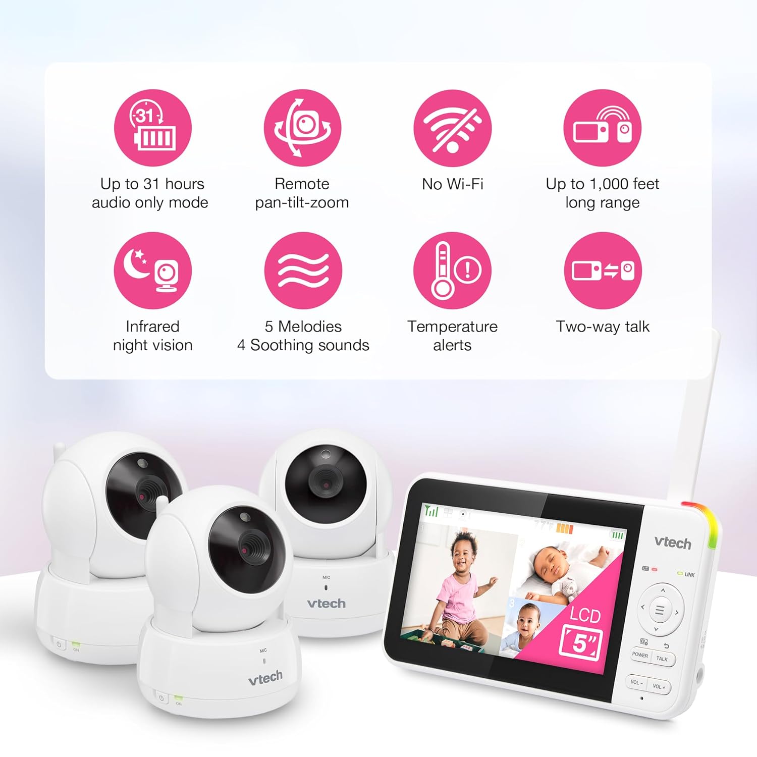 VTech Video Baby Monitor with 3 Cameras, 5" LCD Screen, Up to 17Hrs Video & 31Hrs Audio Battery Life, Night Vision, 1000ft Range, Pan-Tilt-Zoom, Lullabies, Soothing Sounds, Temperature Sensor, VM924-3