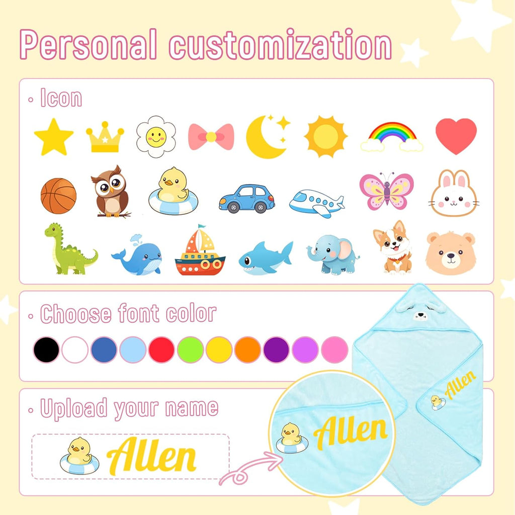 Personalized Baby Towels Hooded with Name, Custom Toddler Bath Towel with Hood for Girl Boy, Warm Swaddle Blanket, Customized Newborn Gifts - Printed (Grey Elephant)