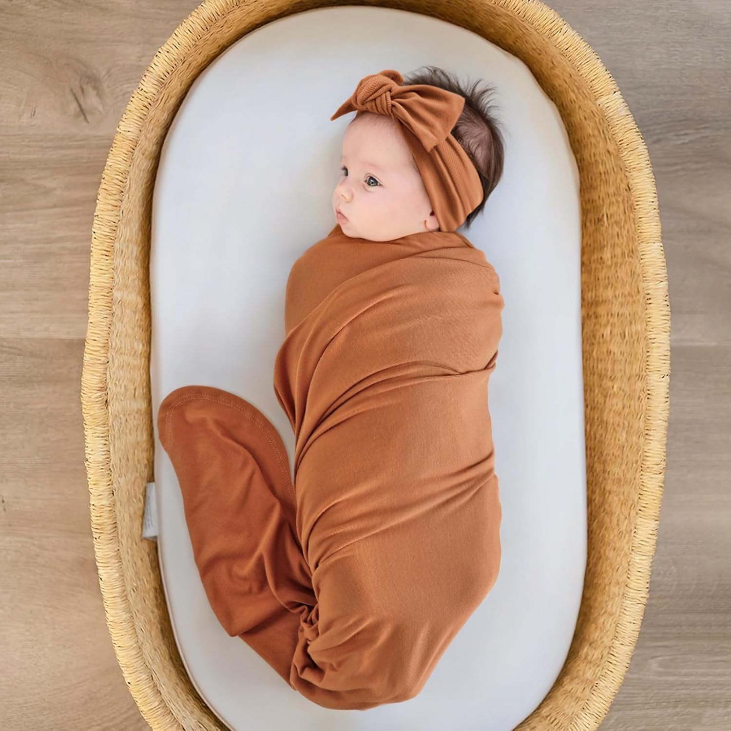 GRSSDER Newborn Swaddle Blanket, Ultra Soft Jersey Receiving Blanket with Matching Headband and Beanie Set, Stretchy Baby Swaddle 47×47", Extra Large Nursery Swaddles Wrap for Girls and Boys