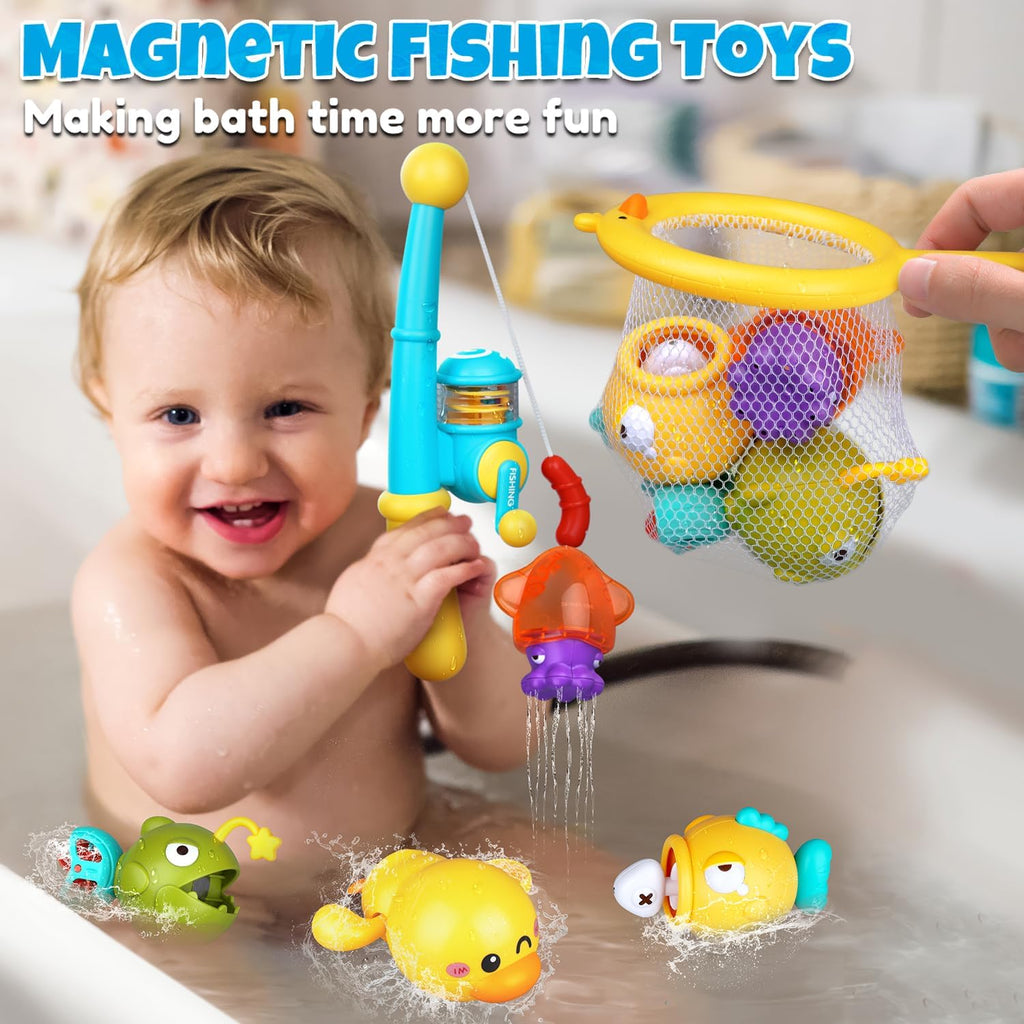 Baby Bath Toys for Kids Ages 1-3, Magnetic Fishing Games with Floating Bathtub Wind-Up Toys & Fishing Net, Fishing Rod Water Pool Toys for Toddlers 1-3