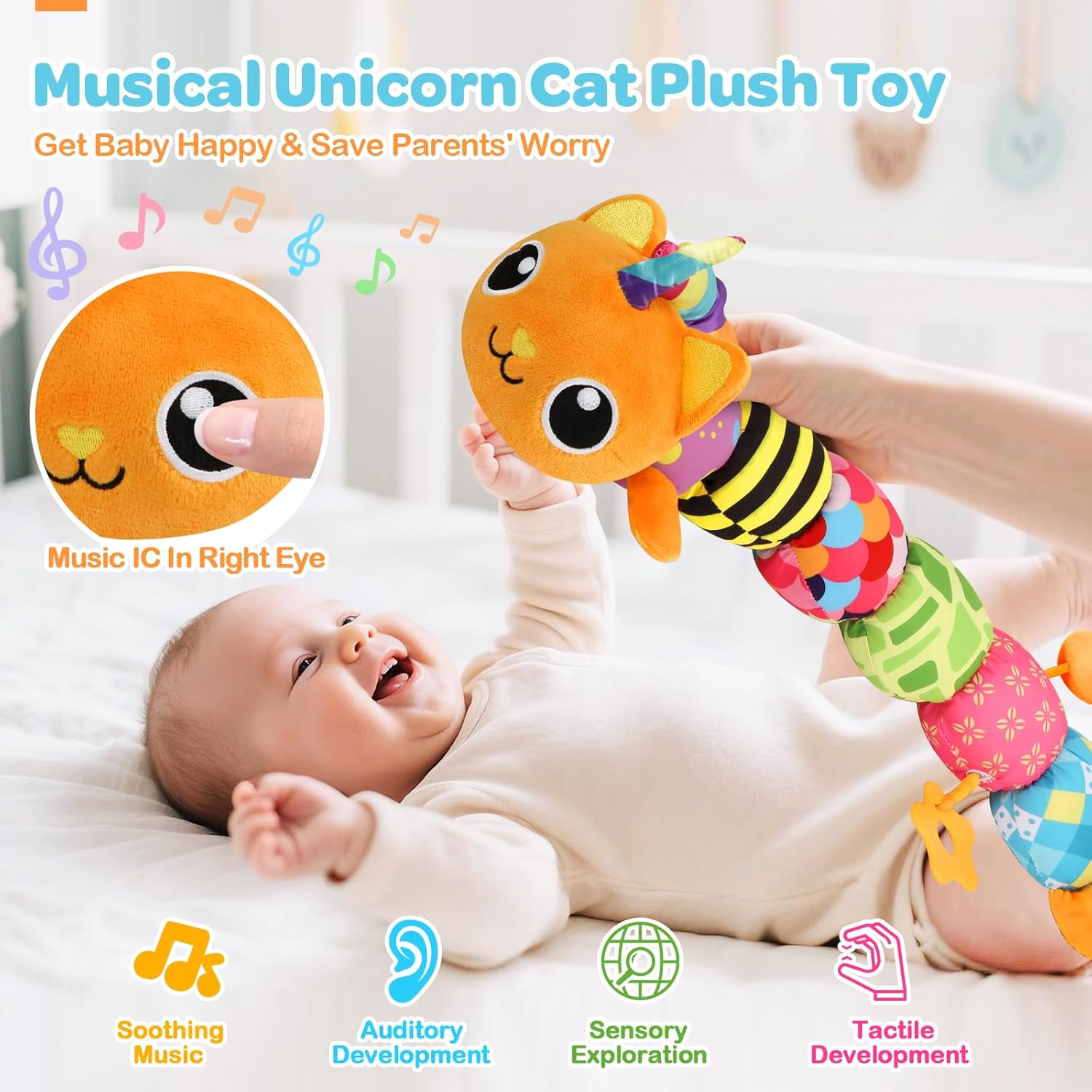 Baby Toys 0-6 6-12 Months, Sensory Musical Animal Stuffed Toy for Infant 0-3 3-6 Months, Tummy Time Toys with Mirror Crinkle Rattle, Plush Unicorn Cat Toy Gifts for 0 1 2 3 4 5 6+ Months Boys Girls