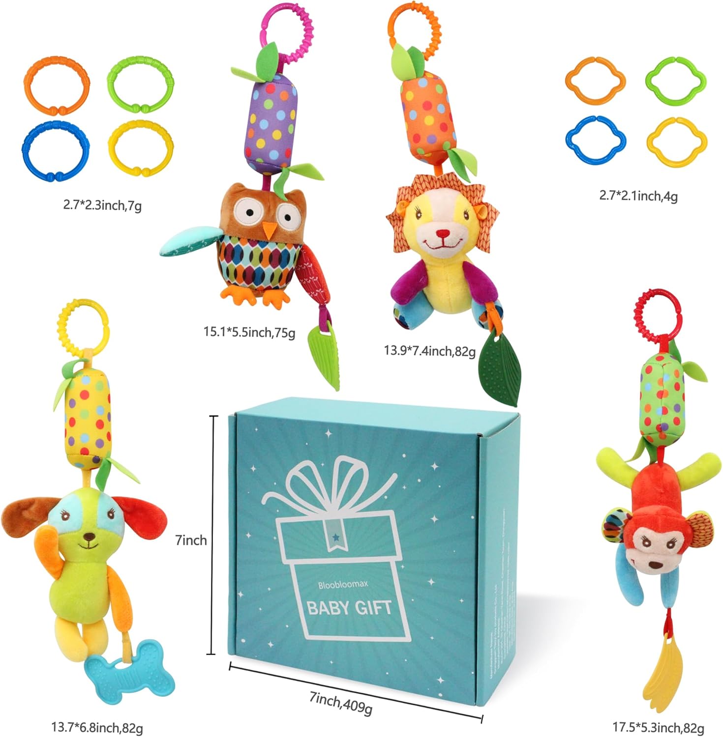 Bloobloomax Baby Soft Hanging Rattle, Car Seat Stroller Toys with Plush Animal C-Clip Ring for Infant Babies Boys and Girls 3 6 9 to 12 Months (12PCS-A)