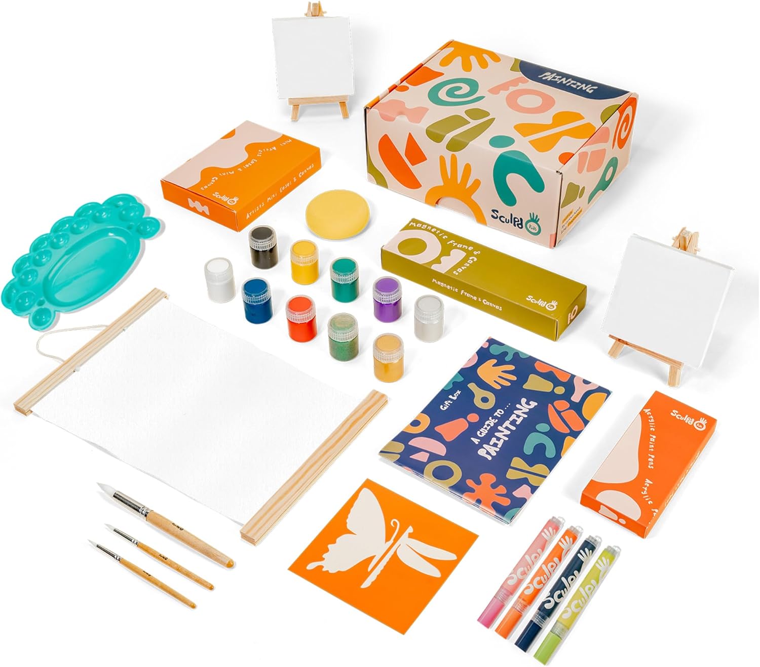 Sculpd Kids Painting Kit, Paint Craft Set for Kids Age 4 to 6, Includes 10 Colour Paint Set, 4 Paint Pens, 2 Canvases, Easels, Magnetic Picture Frame, Additional Art Supplies and Free Guidebook