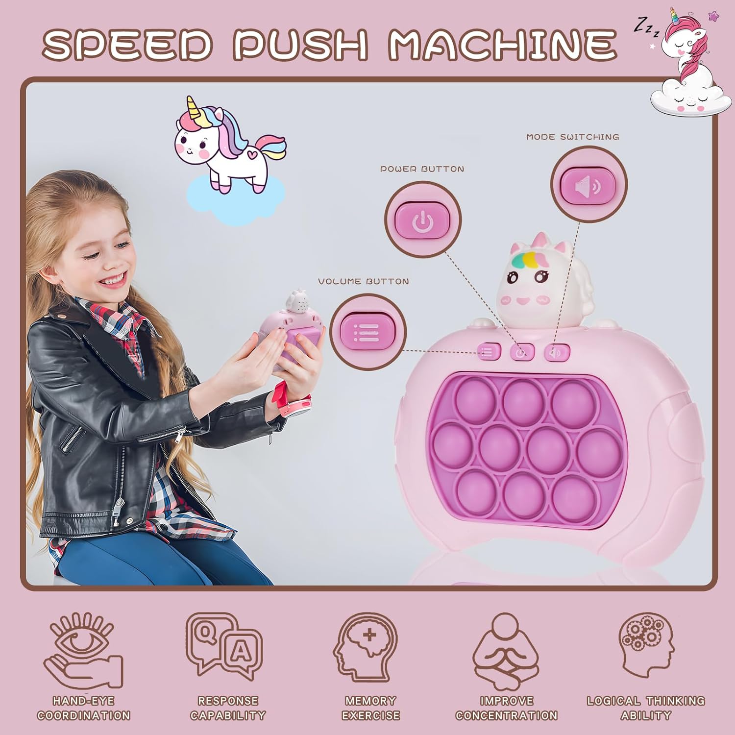 Fast Push Game Pop Fidget Toys for Kids, Fast Push Bubble Game, Quick Push Pop Game for Boys & Girls Age 3-12, Handheld Puzzle Game Sensory Toys Relaxation and Decompression (Pink Unicorn)