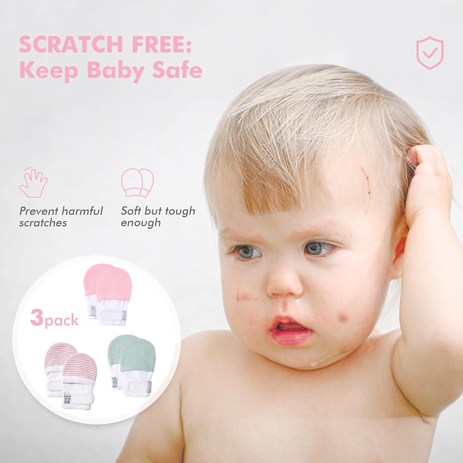 HAPIU Baby No Scratch Mittens Stay On, 100% Cotton Breathable, Adjustable Infant Gloves for Boys Girls, Newborn - 12 M