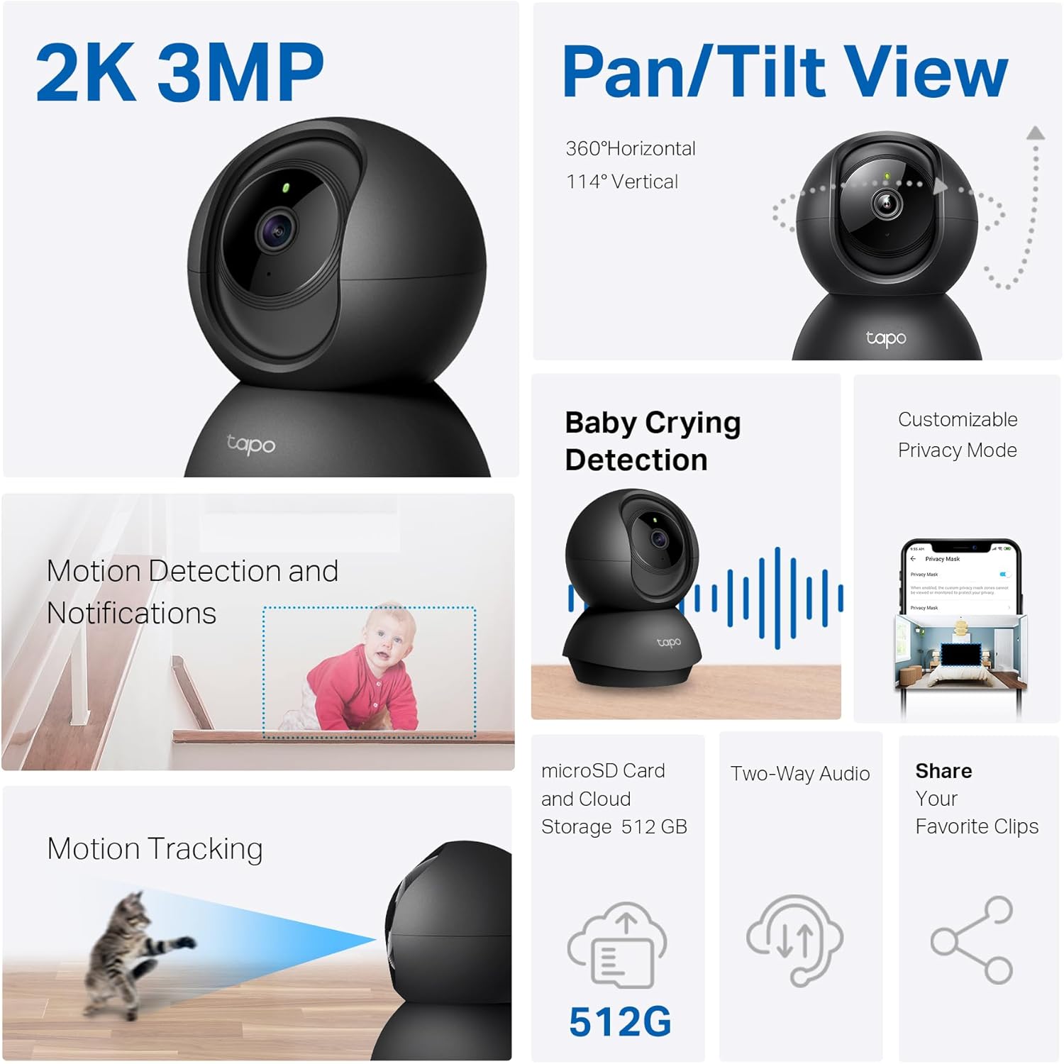 Tapo TP-Link 2K Pan/Tilt Indoor Security Camera for Baby Monitor, Pet Camera, Motion Detection & Tracking, 2-Way Audio, Cloud & SD Card Storage, Works w/Alexa & Google Home, Black, C211(2-Pack)