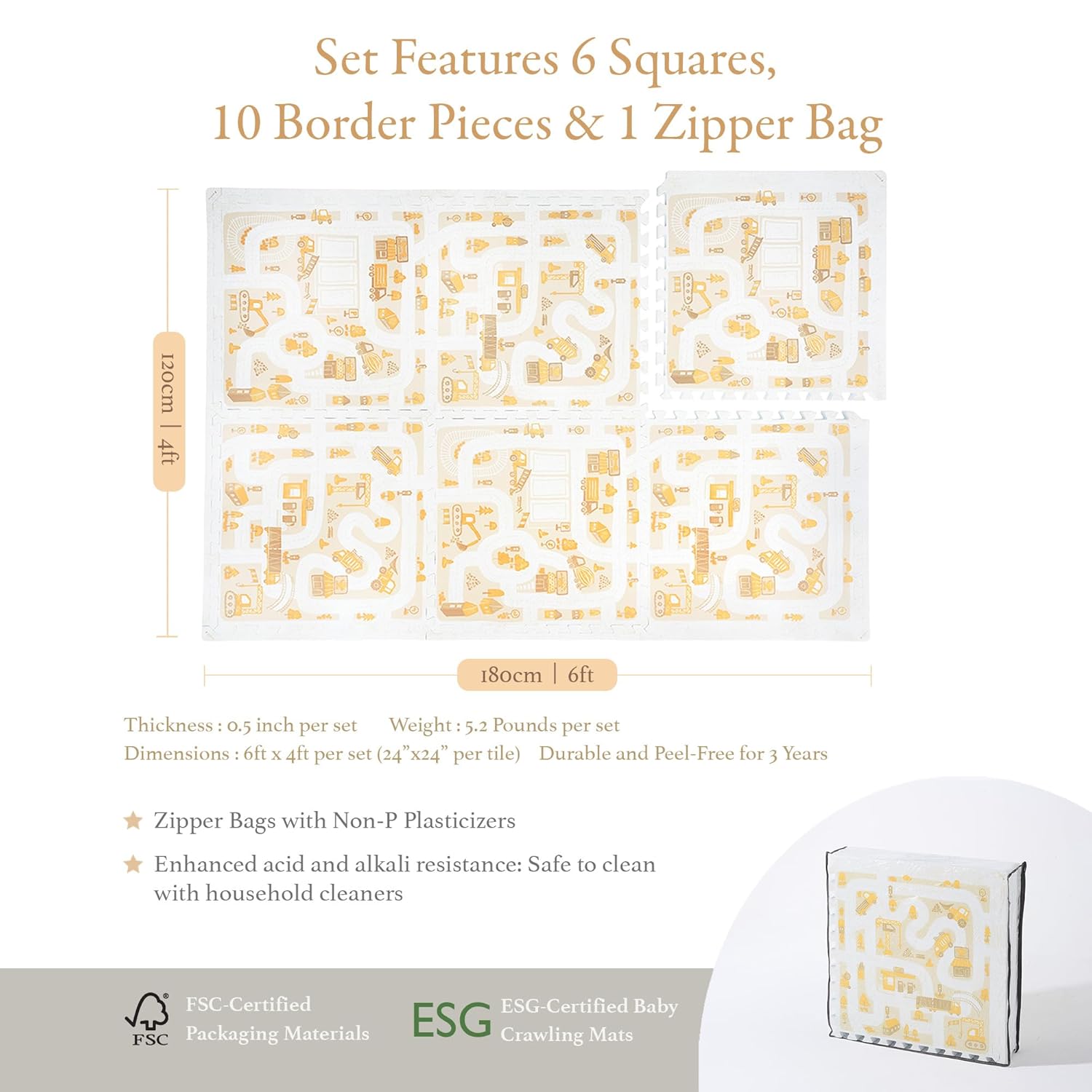 Premium Baby Foam Play Mats - Stylish Floor & Exercise Puzzle Mat for Toddlers and Kids- 6 Soft, Non-Toxic, Odorless, Peel-Resistant Foam Tiles - 6ft x 4ft - 0.5” inch Thick, Warm Beige