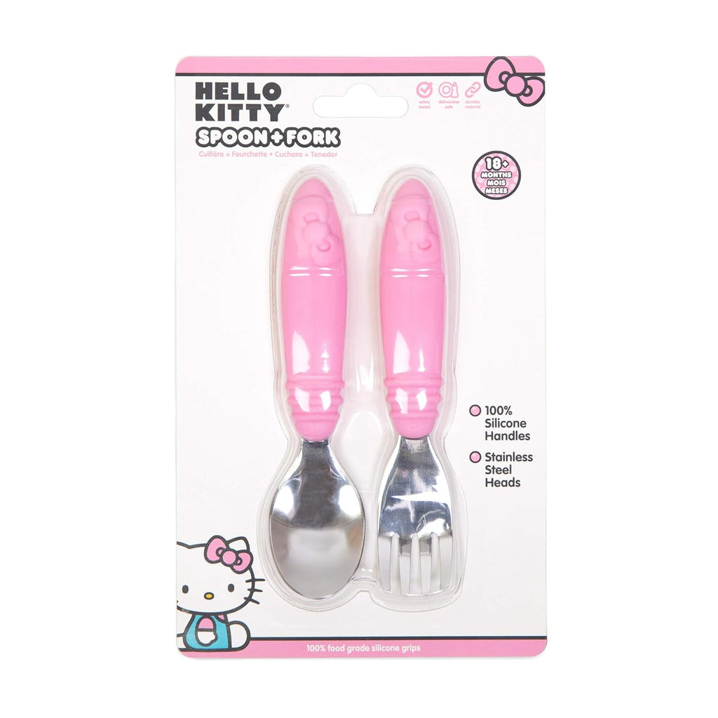 Bumkins Toddler Utensils, Kids Size Fork and Spoon Set, Silicone and Stainless-Steel Training Silverware, Angled Fork / Spork for Self-Feeding, Children Learning to Eat, 18 Mos Up, Hello Kitty Pink