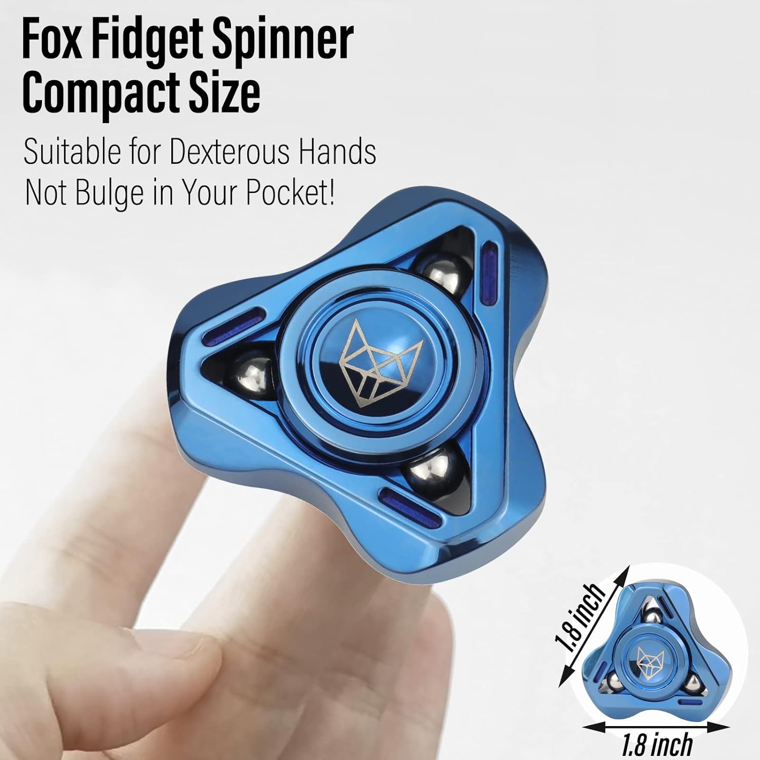 FREELOVE Upgraded Fox Metal Fidget Spinner for Adults, Steel/Glow Balls Clicking Noise, Mini Small Tiny Pocket Tri Finger Gyro, Long Spinning Premium Bearing Toy, Stainless Steel CNC, Mirror Blue