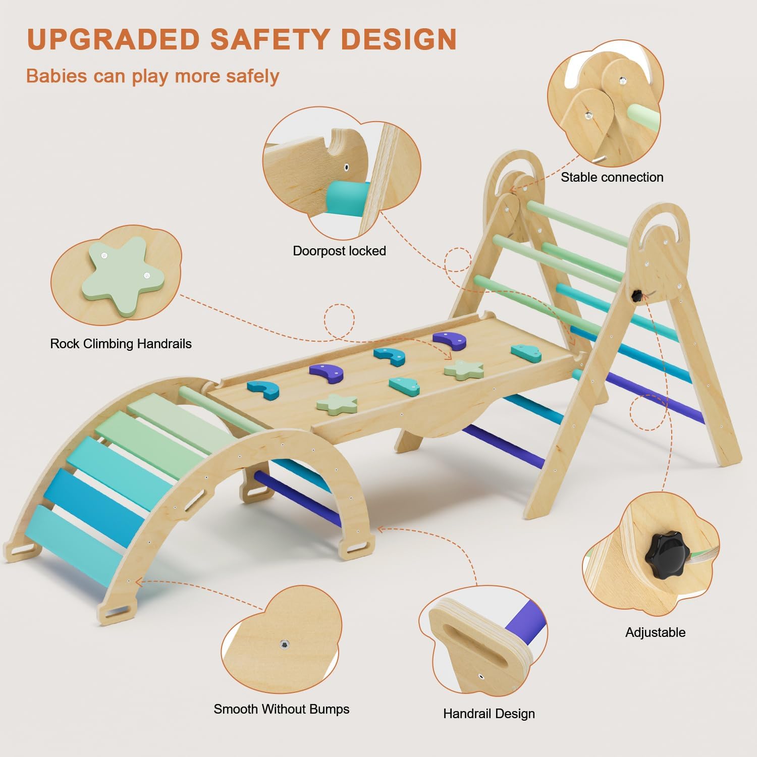 Pikler Triangle Set with Cushion, Montessori Climbing Set, Indoor Climb Toys, Indoor Playground Jungle Gyms, 9 Combinations Climbing Toy Set for Toddler, Baby, Kids 1-4