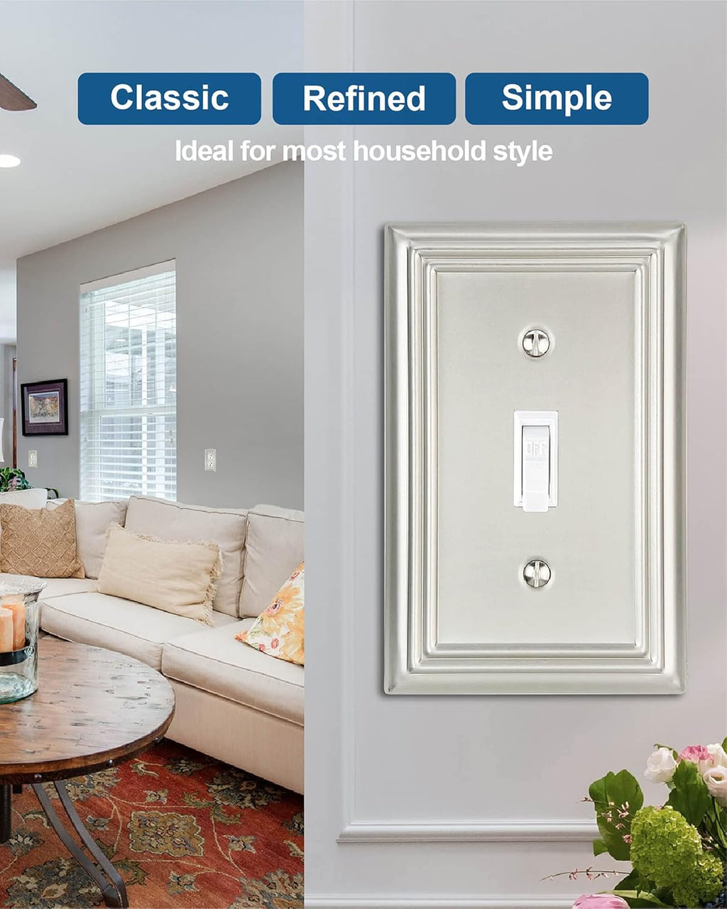 4-Pack Single Toggle Wall Plate, Metal Switch Plate Cover, Satin Nickel Light Switch Cover, Midsize, A031 Series