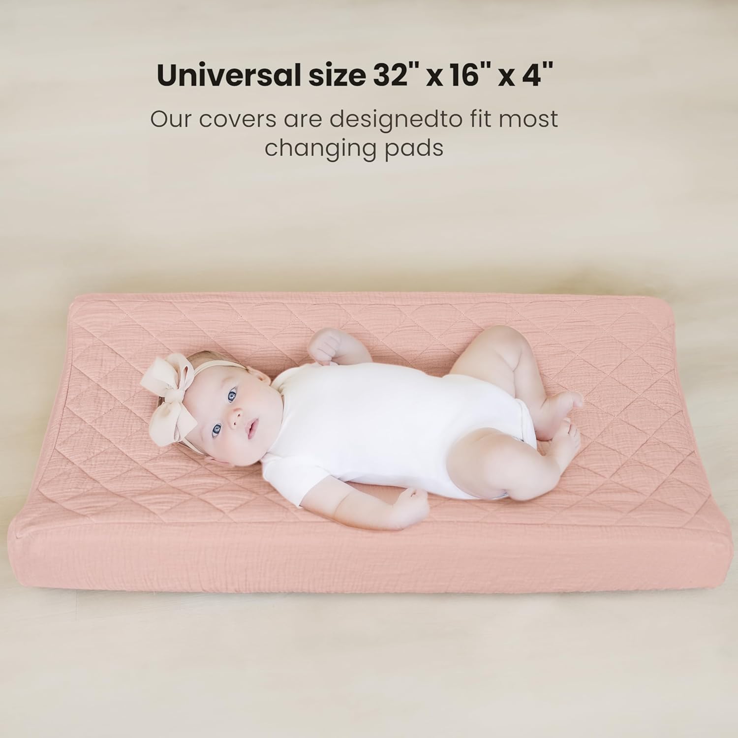 Konssy Waterproof Muslin Changing Pad Cover 2 Pack, Quilted Cotton Fitted Diaper Chang Table Cover, Soft Changing Pad Sheets for Girls Boys (Pink, Cream)