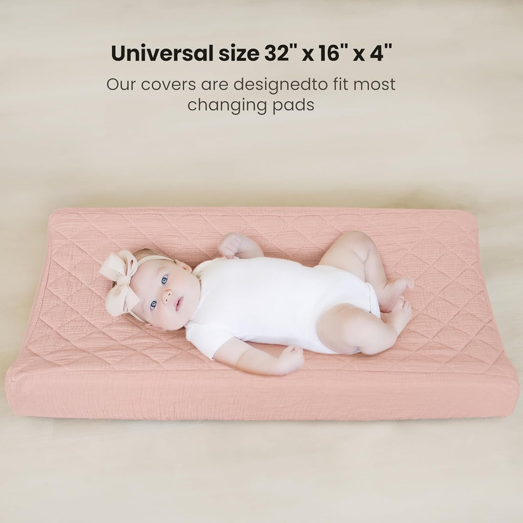 Konssy Waterproof Muslin Changing Pad Cover 2 Pack, Quilted Cotton Fitted Diaper Chang Table Cover, Soft Changing Pad Sheets for Girls Boys (Blossom,Pink)