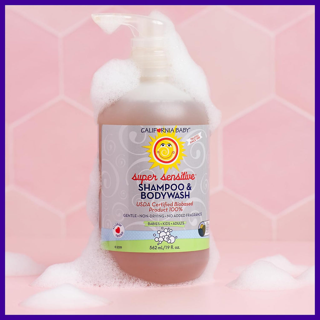 California Baby Super Sensitive Baby Shampoo and Body Wash | 100% Plant-Based | Gentle Fragrance Free Shampoo | Hypoallergenic | 19 Ounce (Pack of 2)