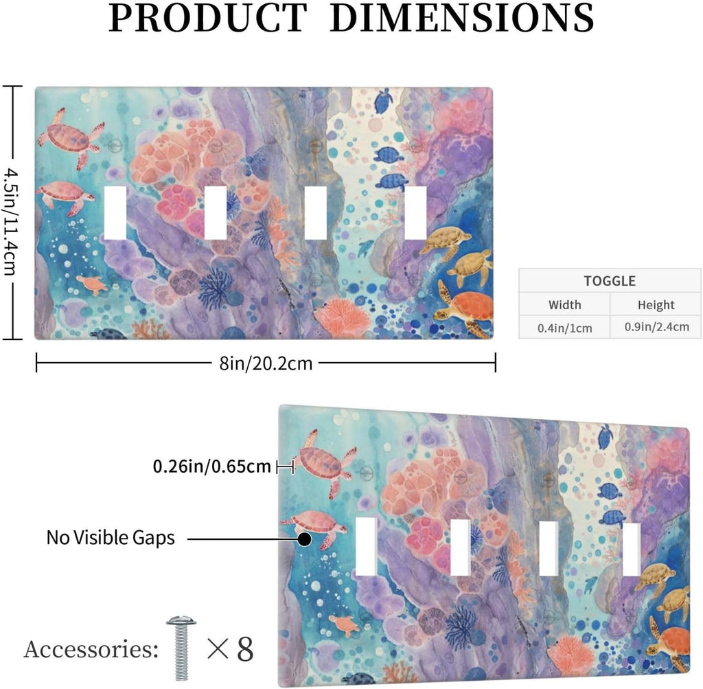 Turtle Coral Fish Watercolor Colorful Underwater World Light Switch Covers Quad Toggle Electrical Faceplate 4 Gang Wall Plate Decorative Switch Plates for Kids Room Home Decor