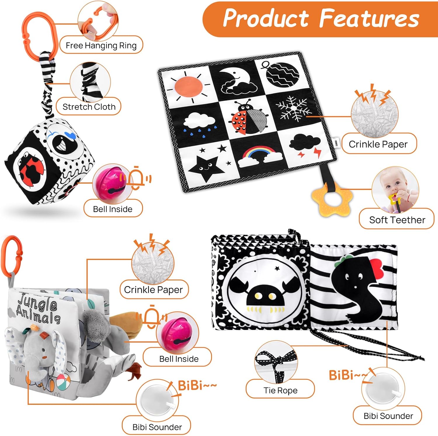 5 in 1 Black and White High Contrast Baby Toys 0-3 Months for Newborn, Tummy Time Toys Montessori Toys for Babies 0 3 6 9 Months - Infant Sensory Soft Book Toys for Babies Girls Boys Baby Gifts