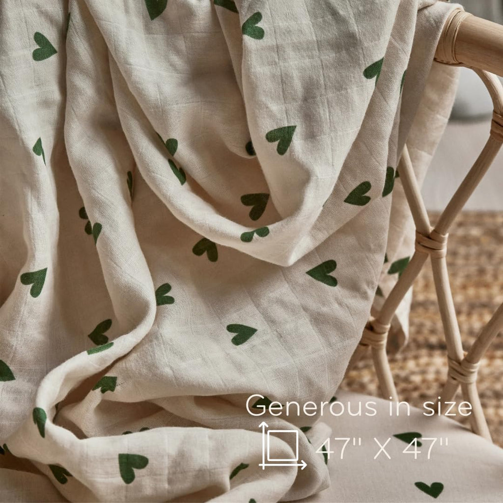 Swaddle - 100% Organic Cotton - Muslin Swaddle Blankets for Newborn, 47" x 47" (Green Hearts)