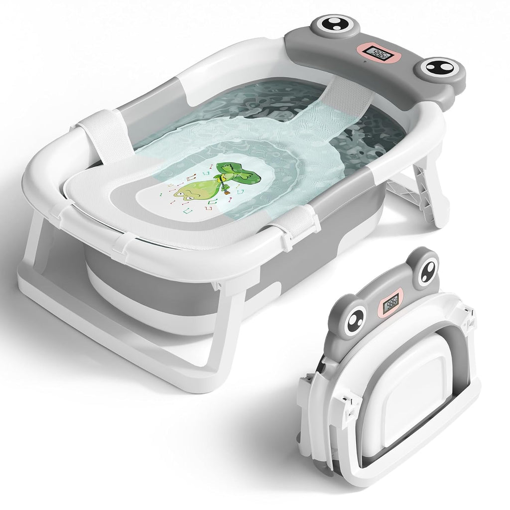 Baby Bathtub, Collapsible Newborn Bathtub for Infant to Toddler 0-24 Months with Soft Cushion and Thermometer,Portable Travel Newborn Tub with No-Slip Feet, Baby Shower Gifts,Grey