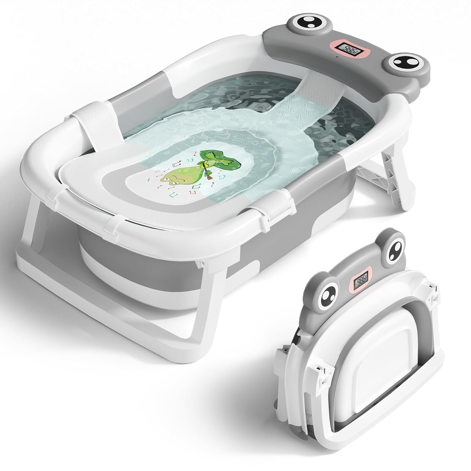 Baby Bathtub, Collapsible Newborn Bathtub for Infant to Toddler 0-24 Months with Soft Cushion and Thermometer,Portable Travel Newborn Tub with No-Slip Feet, Baby Shower Gifts,Grey