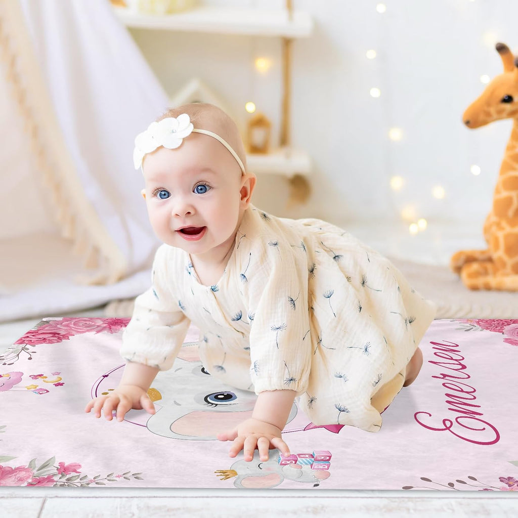 Personalized Baby Blanket with Name, Custom Pink Elephant Name Blanket Toddler Girls Soft Flannne Swaddling Blankets Customized Memorial Gift from Nana for Infant Newborn Shower