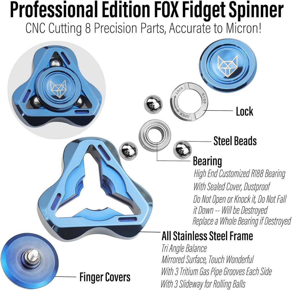FREELOVE Upgraded Fox Metal Fidget Spinner for Adults, Steel/Glow Balls Clicking Noise, Mini Small Tiny Pocket Tri Finger Gyro, Long Spinning Premium Bearing Toy, Stainless Steel CNC, Mirror Blue
